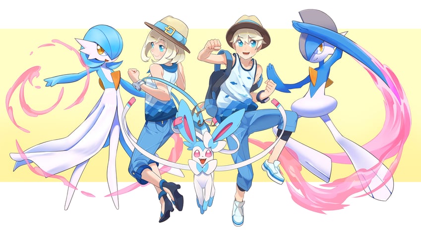 gardevoir, selene, sylveon, elio, and gallade (pokemon and 1 more) drawn by mubo