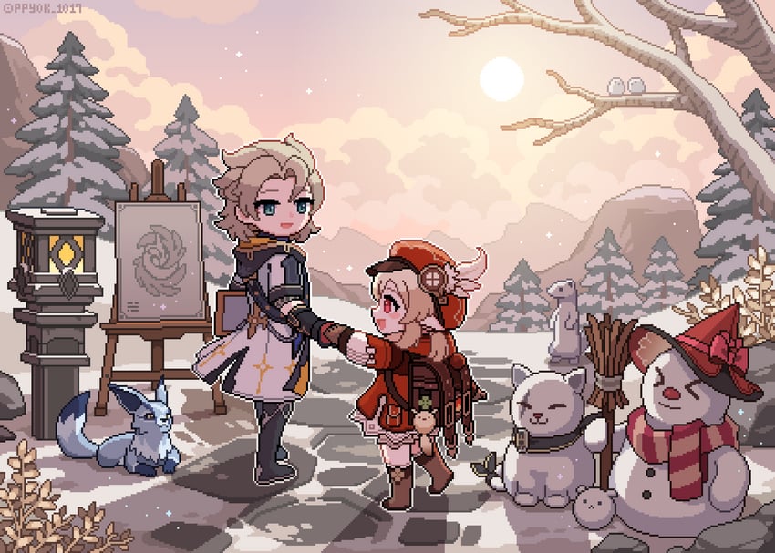 klee, dodoco, albedo, and snow fox (genshin impact) drawn by ppyok_1017