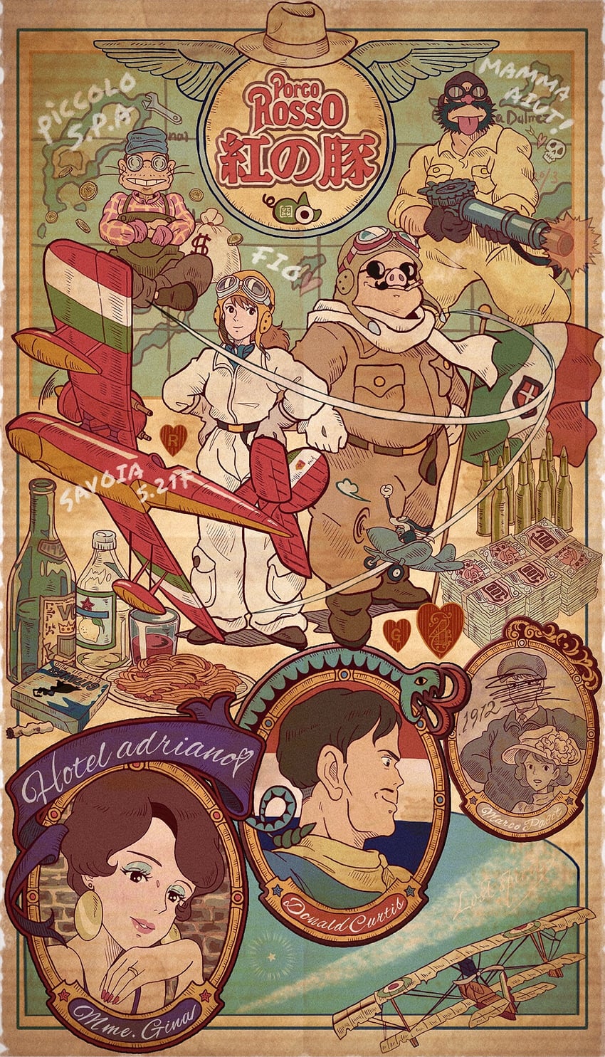 porco rosso, fio piccolo, gina, mamma aiuto gang, and donald curtis (kurenai no buta) drawn by hitomin_(joutaro195)