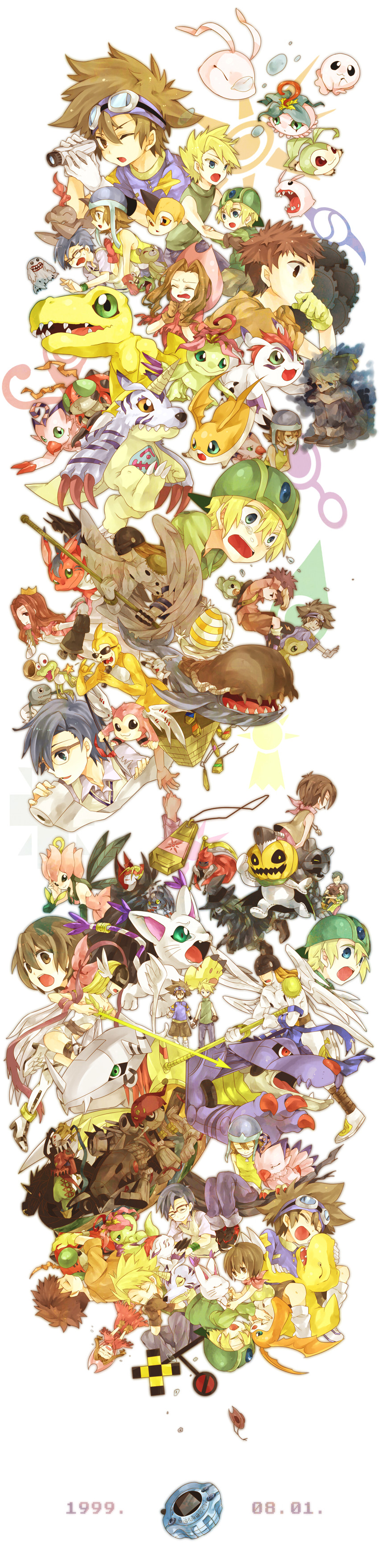 angewomon, yagami hikari, yagami taichi, tailmon, agumon, and 47 more (digimon and 1 more) drawn by konagonana