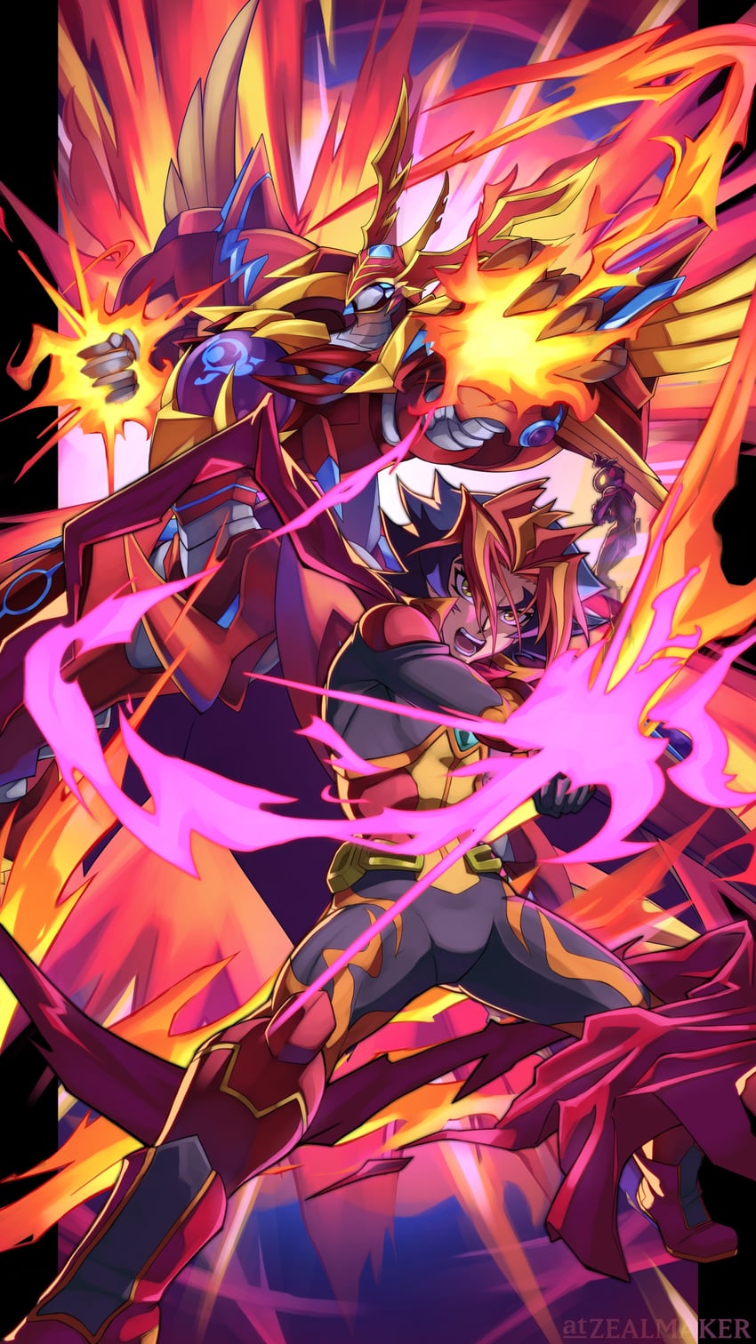 homura takeru, soulburner, flame, and salamangreat raging phoenix (yu-gi-oh! and 1 more) drawn by zealmaker