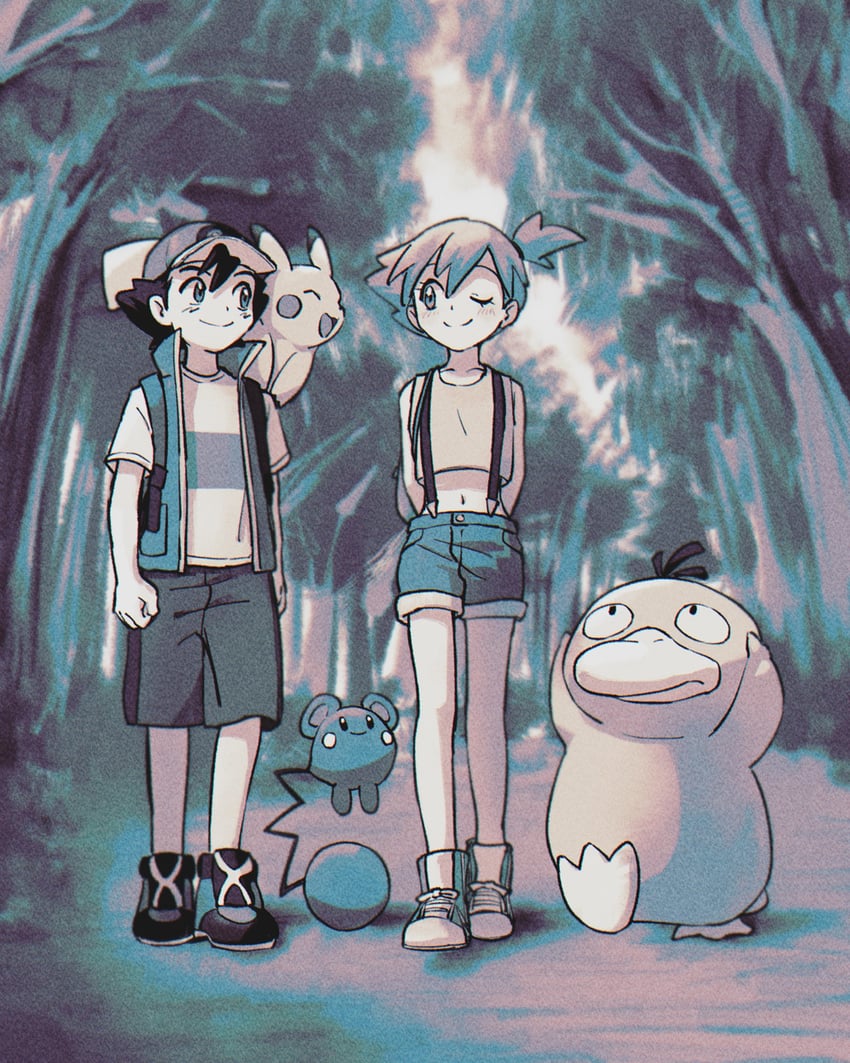 pikachu, ash ketchum, misty, psyduck, and azurill (pokemon and 1 more) drawn by funabara_(sksn_herb)