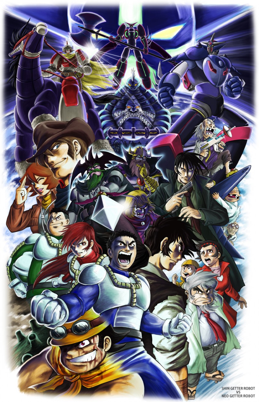 nagare ryoma, shin getter-1, jin hayato, musashi tomoe, saotome michiru, and 13 more (getter robo and 1 more) drawn by iwata_kiyohiko