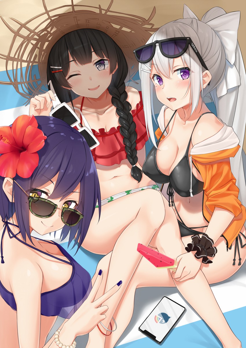 tsukino mito, higuchi kaede, and shizuka rin (nijisanji) drawn by mirea
