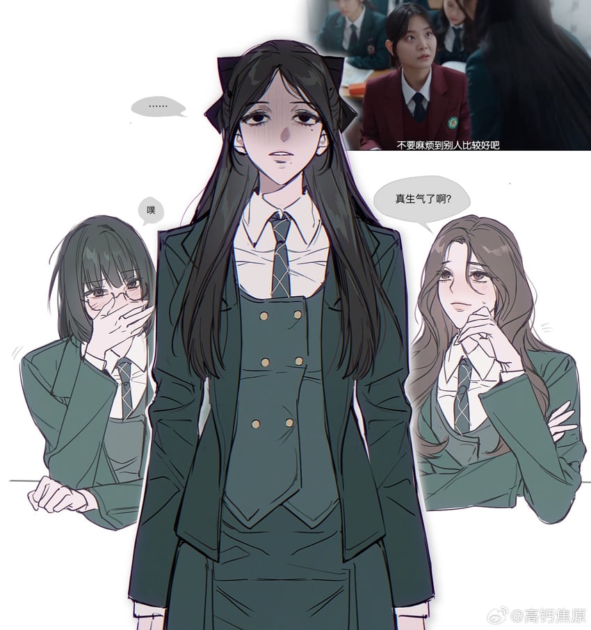 yoo je-i, woo seul-gi, choi kyung, and joo ye-ri (friendly rivalry) drawn by m_omoo