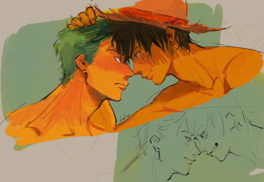 monkey d. luffy and roronoa zoro (one piece) drawn by wuruwan