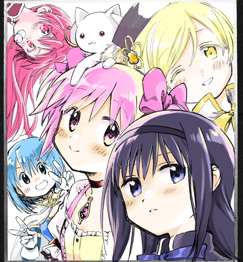akemi homura, kaname madoka, miki sayaka, sakura kyoko, tomoe mami, and 1 more (mahou shoujo madoka magica) drawn by no+bi=