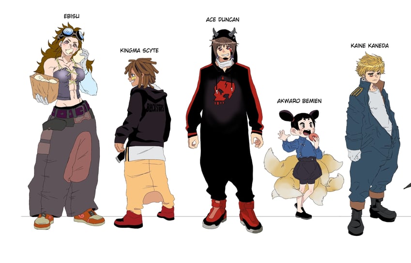 akwaro bemien, kaine kaneda, kingma scyte, ebisu, and ace duncan (akwaro phenomenon re) drawn by kat_yuusha