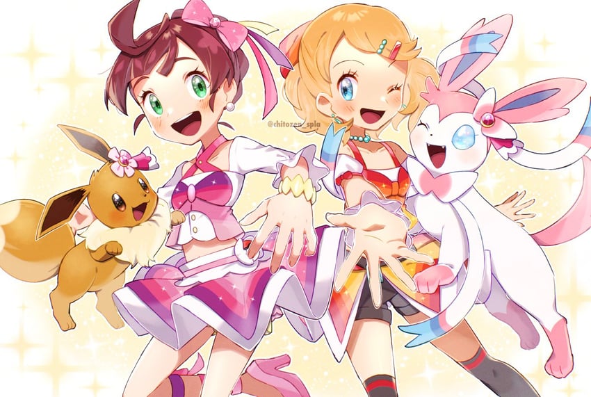 eevee, serena, sylveon, and chloe (pokemon and 1 more) drawn by chitozen_(pri_zen)