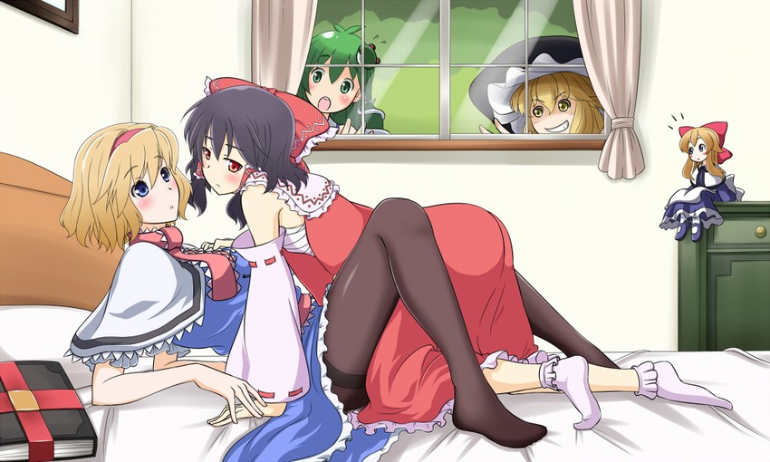 hakurei reimu, kirisame marisa, kochiya sanae, alice margatroid, and shanghai doll (touhou) drawn by aodu_fumiyoshi