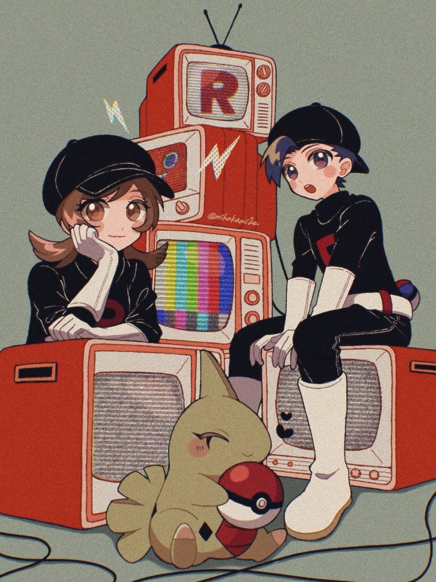 rotom, ethan, lyra, and larvitar (pokemon and 1 more) drawn by mikakami1e