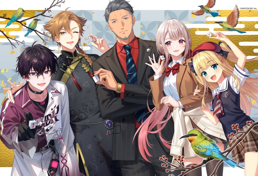 mononobe alice, fushimi gaku, maimoto keisuke, saiki ittetsu, and elu (nijisanji and 1 more) drawn by bshi_edayo