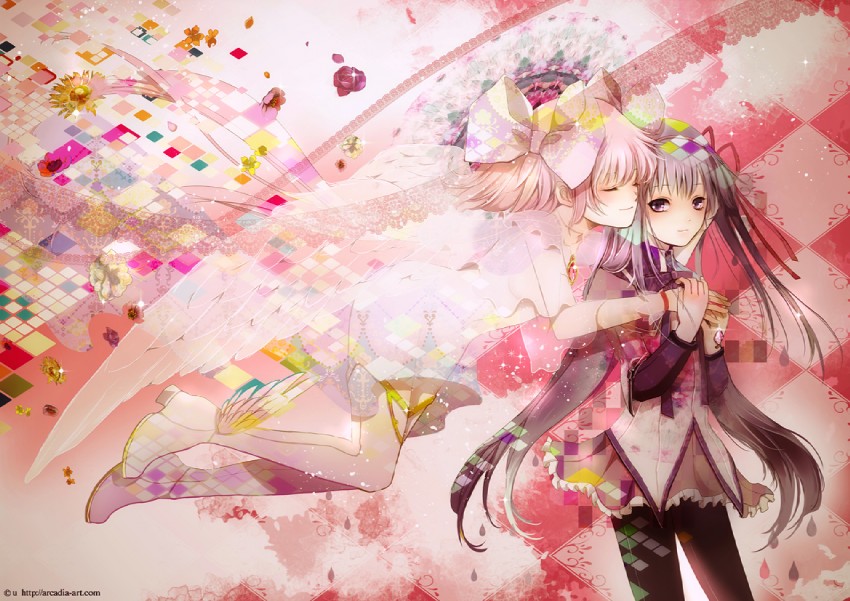akemi homura, kaname madoka, and ultimate madoka (mahou shoujo madoka magica) drawn by yuu_(arcadia)