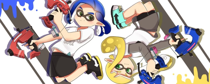 inkling player character, inkling girl, and inkling boy (splatoon and 1 more) drawn by waffuum