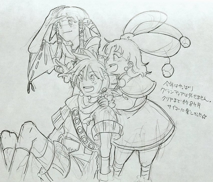 feena, justin, sue, and puui (grandia and 1 more) drawn by mike0505km