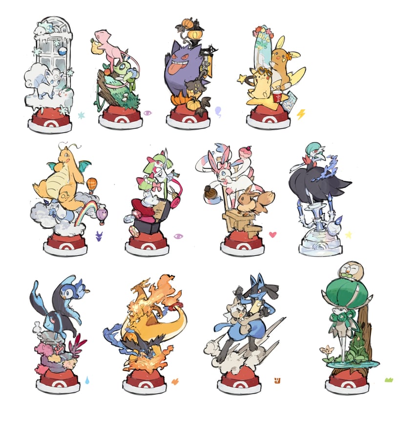 pikachu, gardevoir, eevee, rowlet, charizard, and 26 more (pokemon) drawn by starshadowmagician