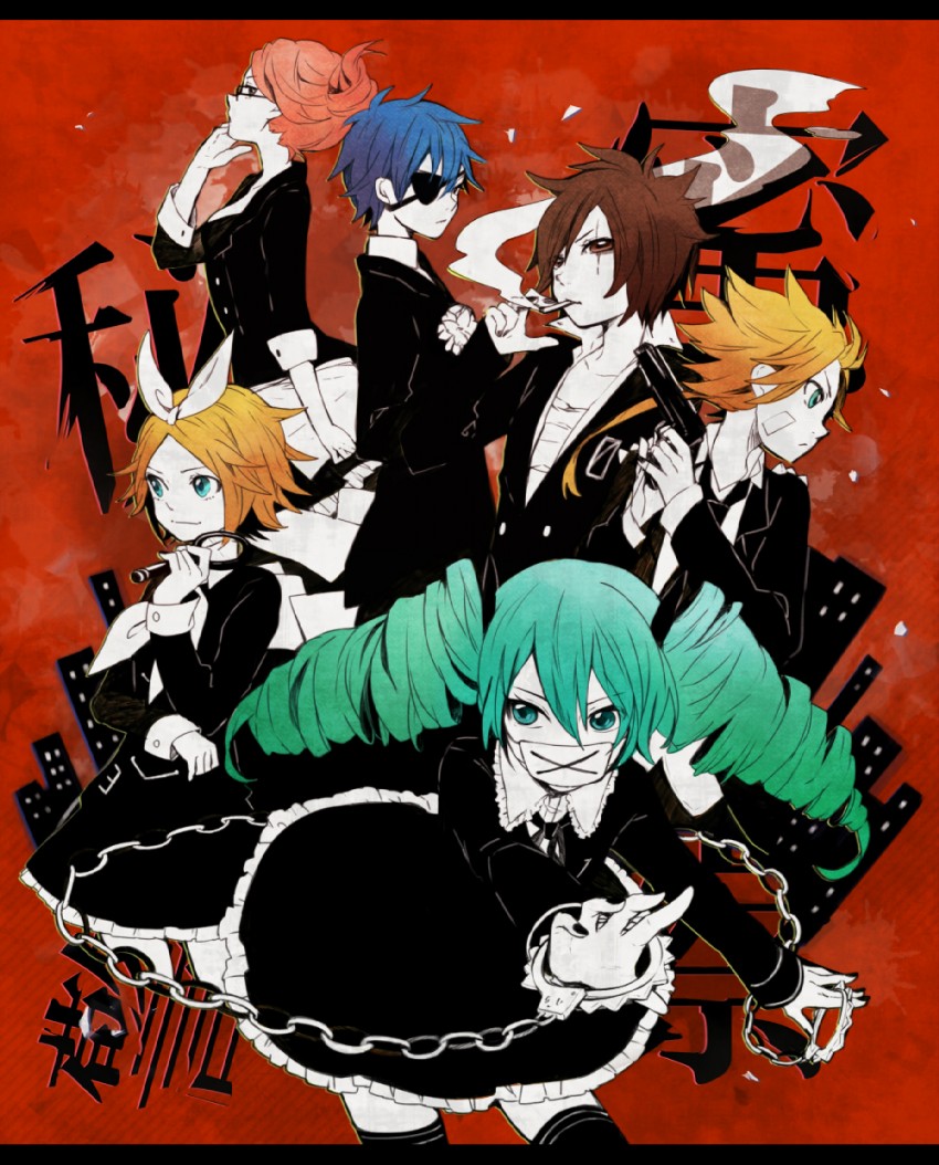 hatsune miku, kagamine rin, kagamine len, megurine luka, kaito, and 1 more (vocaloid and 1 more) drawn by tama_(songe)