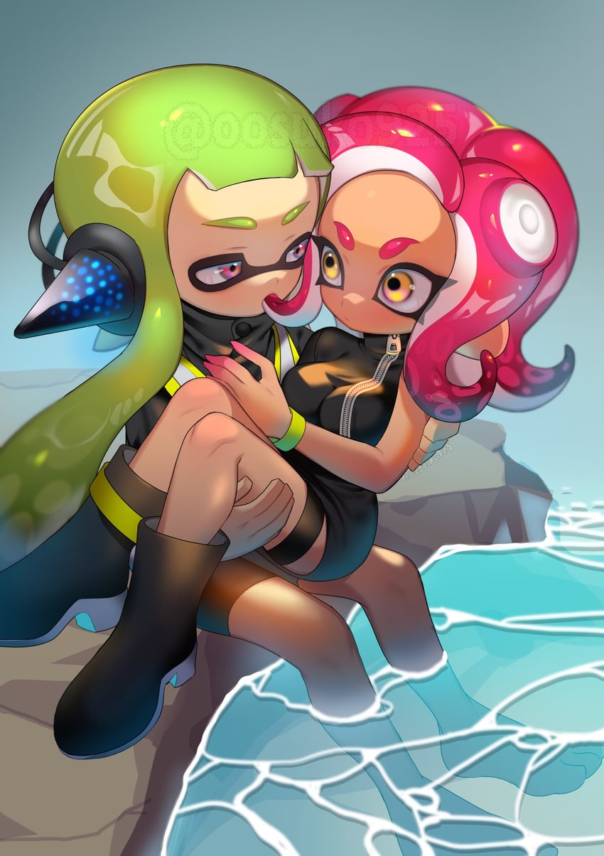 inkling player character, inkling girl, octoling player character, octoling girl, agent 8, and 1 more (splatoon and 1 more) drawn by naoki_(oosuko)