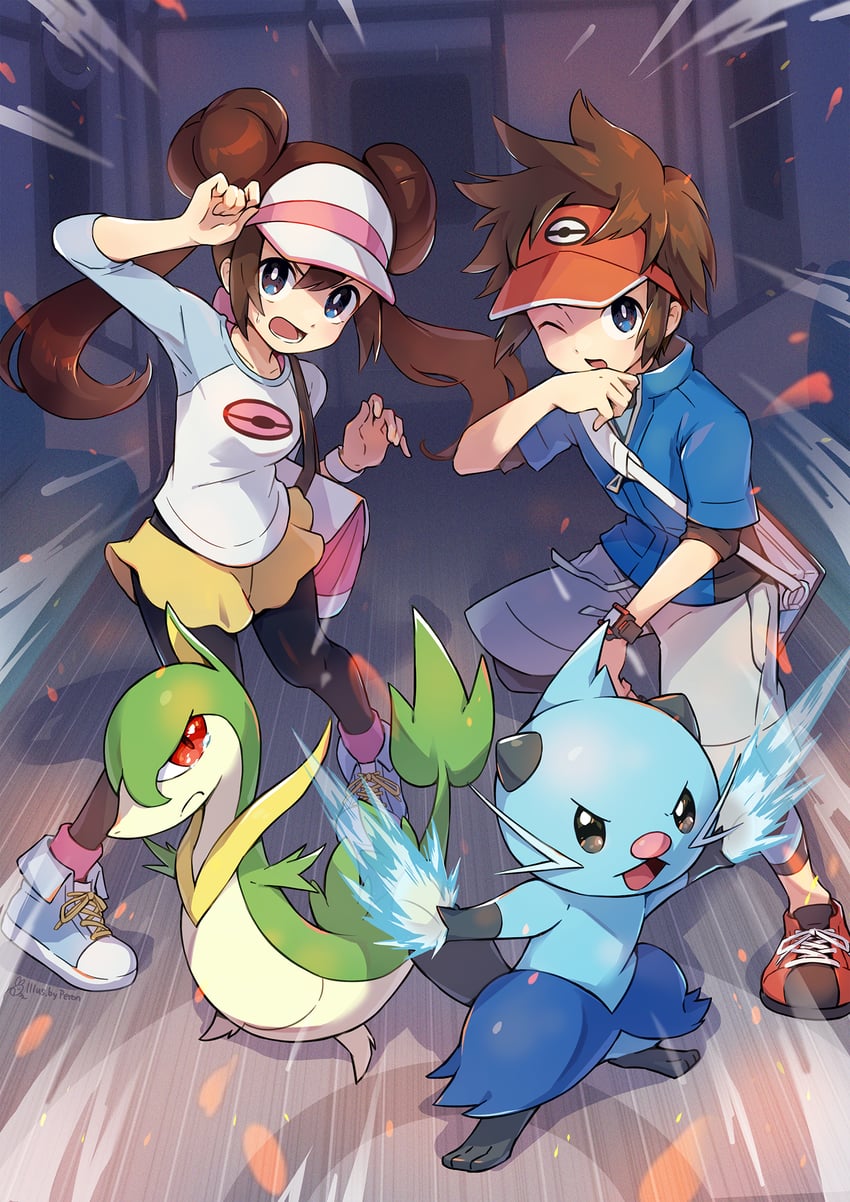rosa, nate, dewott, and servine (pokemon and 1 more) drawn by peron_(niki2ki884)