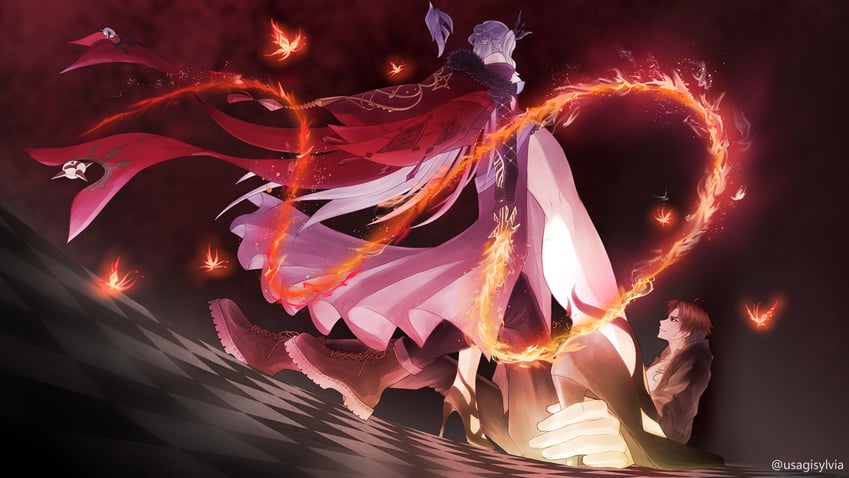 signora, crimson lotus moth, and meso mosura (genshin impact and 1 more) drawn by sylvia_m