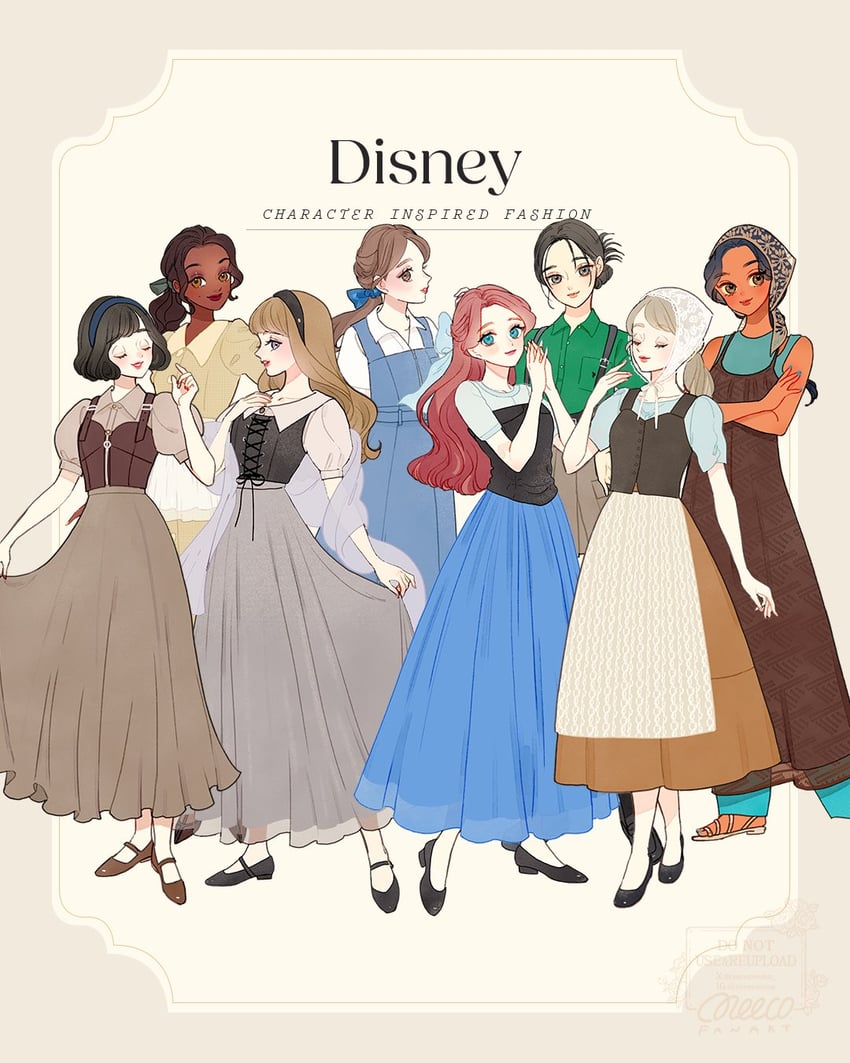ariel, snow white, jasmine, belle, aurora, and 3 more (disney and 9 more) drawn by meecosme