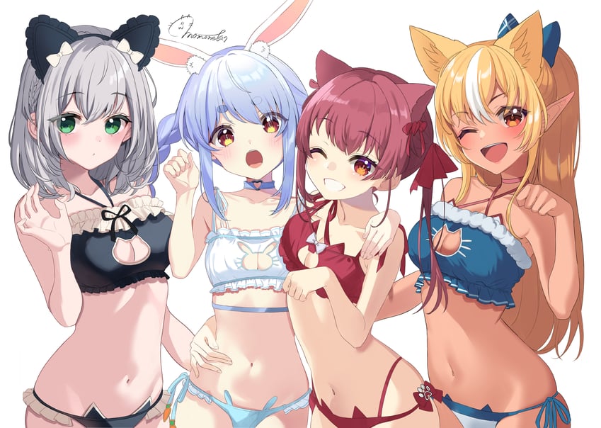 houshou marine, usada pekora, shirogane noel, and shiranui flare (hololive) drawn by momone_cco