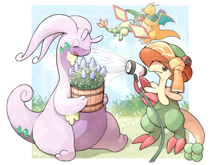 dragonite, flygon, goodra, and breloom (pokemon) drawn by knhb_tail