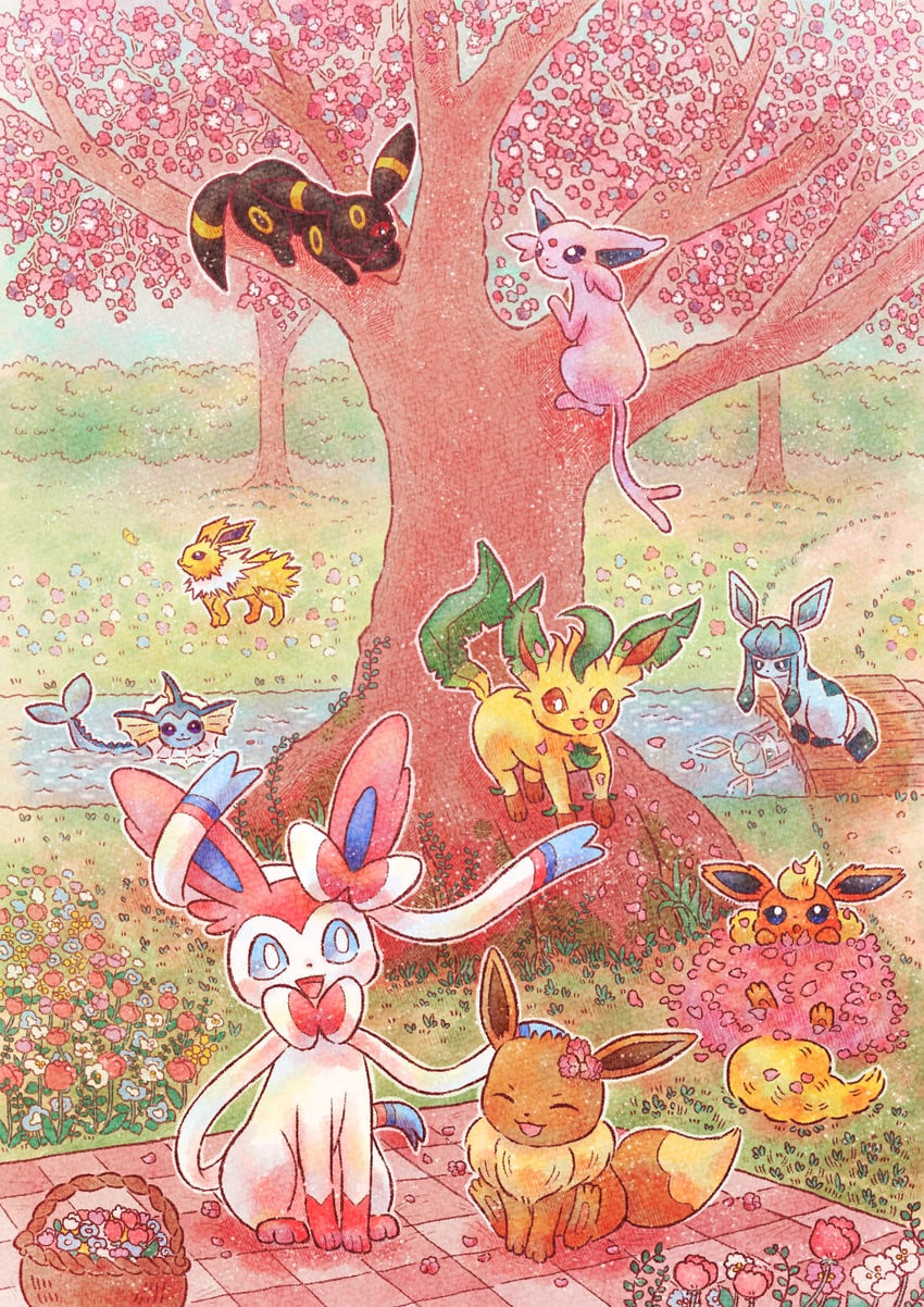 eevee, sylveon, umbreon, glaceon, vaporeon, and 4 more (pokemon) drawn by kuruta_(qulta03)