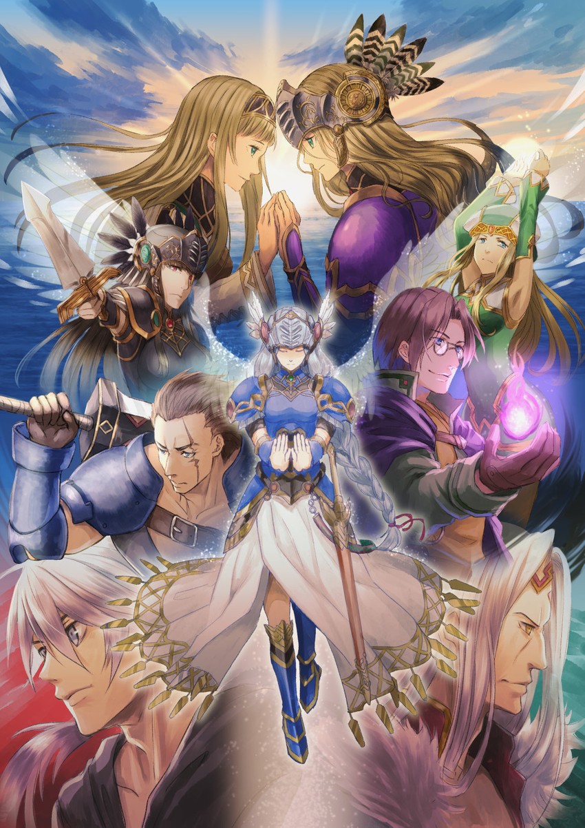 lenneth valkyrie, freya, alicia, hrist valkyrie, silmeria valkyrie, and 2 more (valkyrie profile and 1 more) drawn by shumizoku