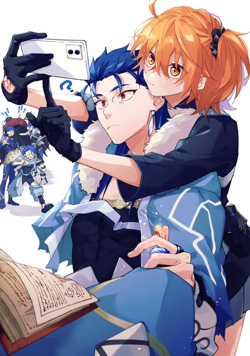 fujimaru ritsuka, cu chulainn alter, cu chulainn, and setanta (fate and 1 more) drawn by kajijii