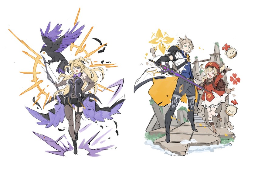 klee, fischl, albedo, jumpy dumpty, and oz (genshin impact) drawn by papajay_(jennygin2)