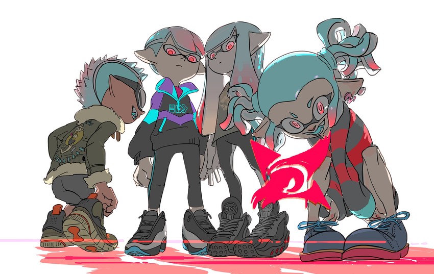 inkling player character, inkling girl, inkling boy, red sole-chan, omega-chan, and 2 more (splatoon 2 and 1 more) drawn by inoue_seita