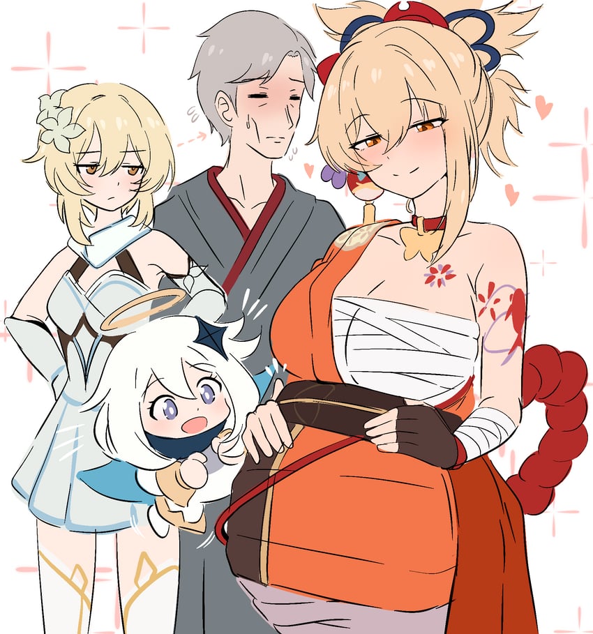lumine, paimon, yoimiya, and naganohara ryuunosuke (genshin impact) drawn by milliani