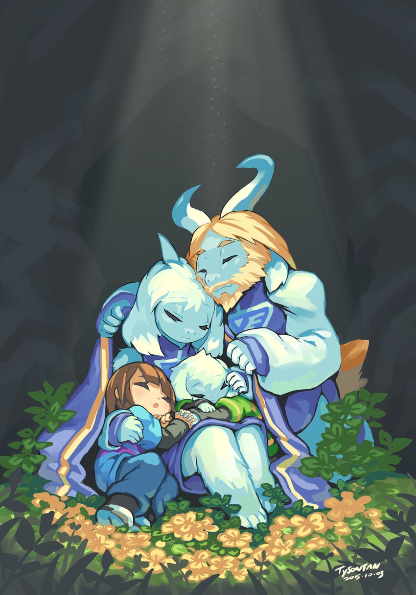 frisk, toriel, asriel dreemurr, and asgore dreemurr (undertale) drawn by tyson_tan