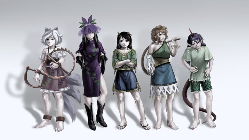 yomotsu hisami, tenkajin chiyari, son biten, nippaku zanmu, and mitsugashira enoko (touhou and 3 more) drawn by kawahagi_modoki