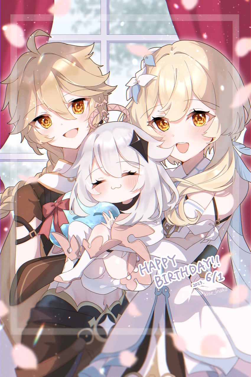 lumine, aether, paimon, and slime (genshin impact) drawn by kise_inaka
