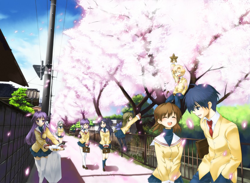 furukawa nagisa, fujibayashi kyou, ibuki fuuko, sakagami tomoyo, okazaki tomoya, and 3 more (clannad) drawn by mitsuki_meia