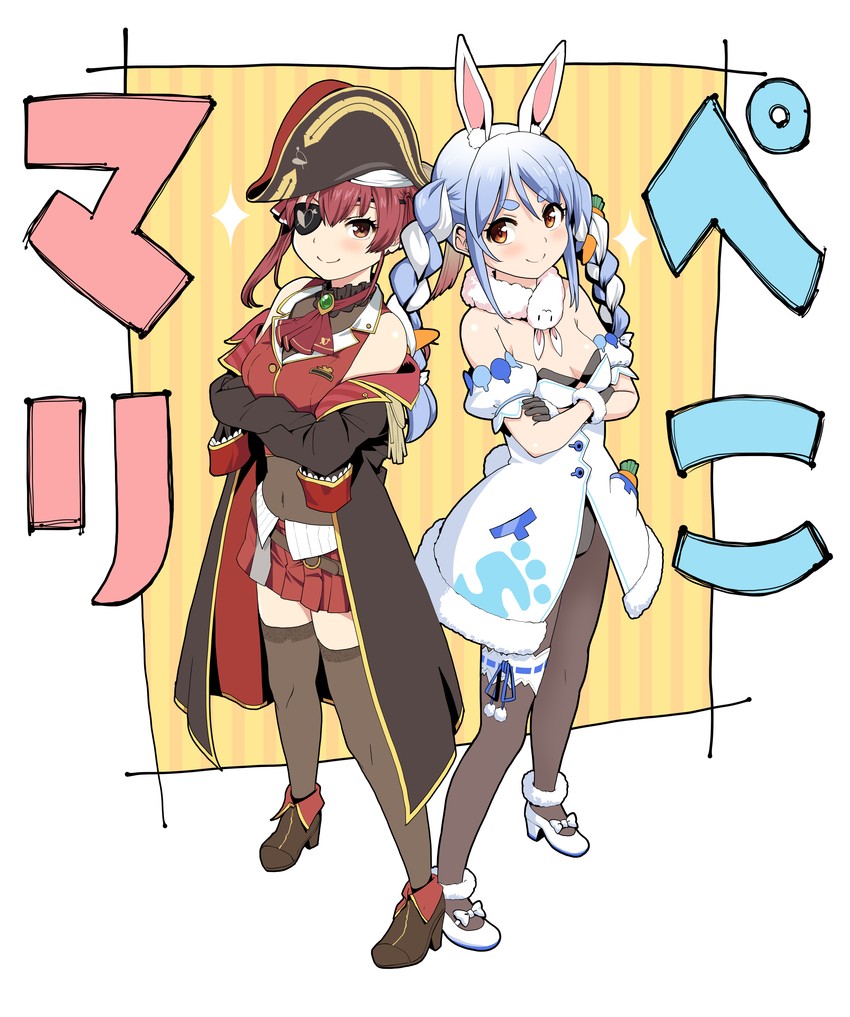 houshou marine, usada pekora, and don-chan (hololive) drawn by haniwa_(leaf_garden)