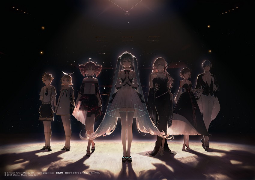 hatsune miku, kagamine rin, kagamine len, megurine luka, kasane teto, and 2 more (vocaloid and 2 more) drawn by rella