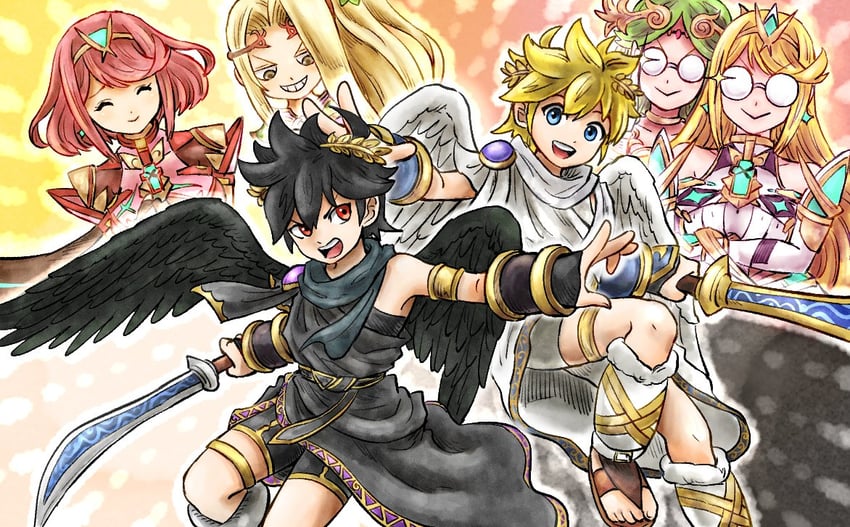 pyra, palutena, pit, dark pit, mythra, and 1 more (xenoblade chronicles and 4 more) drawn by kicdon