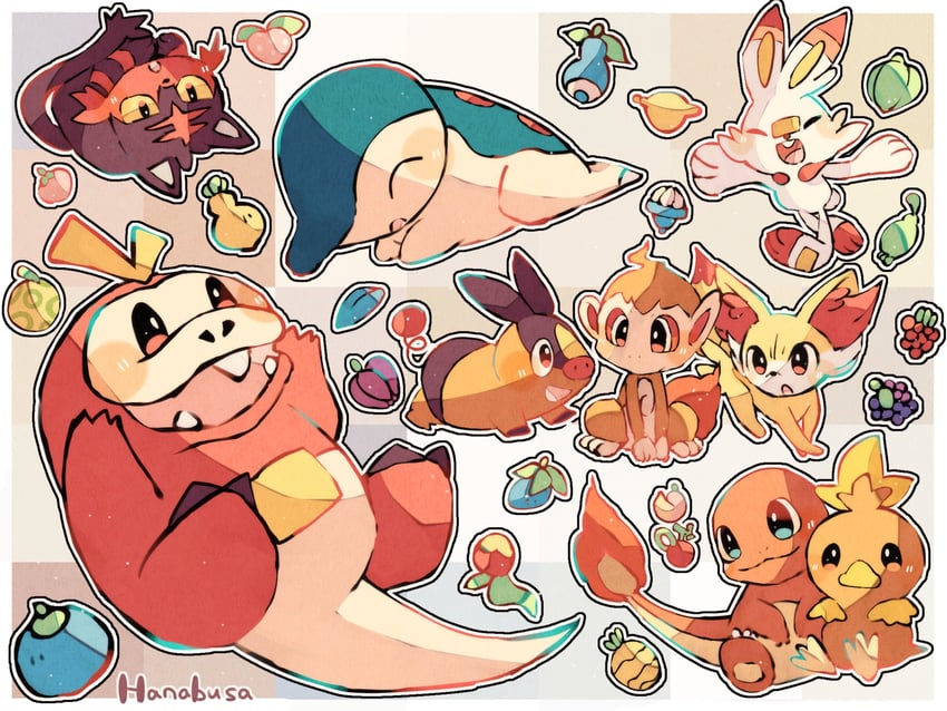 scorbunny, cyndaquil, charmander, torchic, tepig, and 4 more (pokemon) drawn by hanabusaoekaki