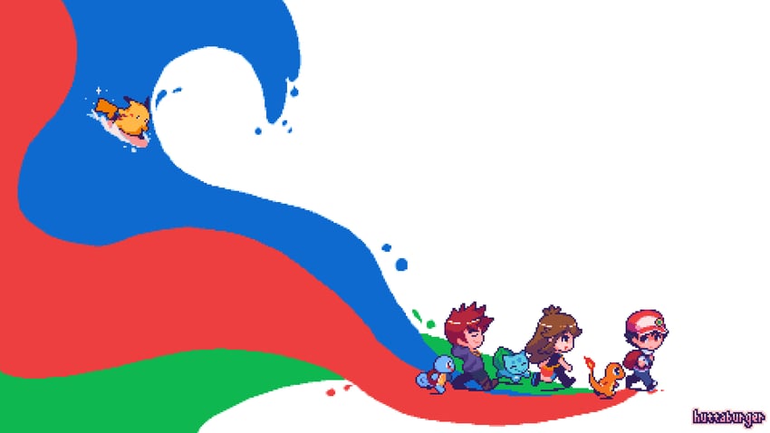 pikachu, red, blue oak, bulbasaur, squirtle, and 2 more (pokemon and 2 more) drawn by huttaburger