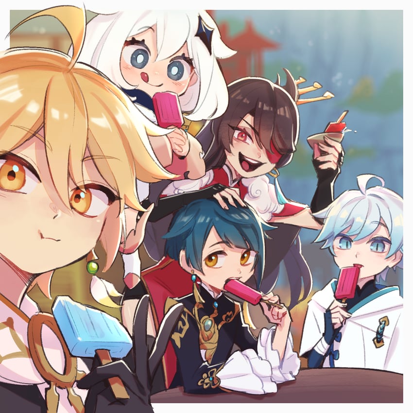 aether, paimon, beidou, xingqiu, and chongyun (genshin impact) drawn by ukata