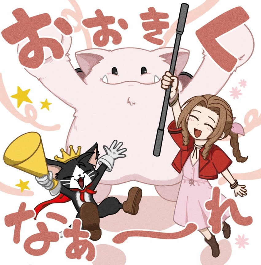 aerith gainsborough, moogle, and cait sith (final fantasy and 3 more) drawn by s_m_man