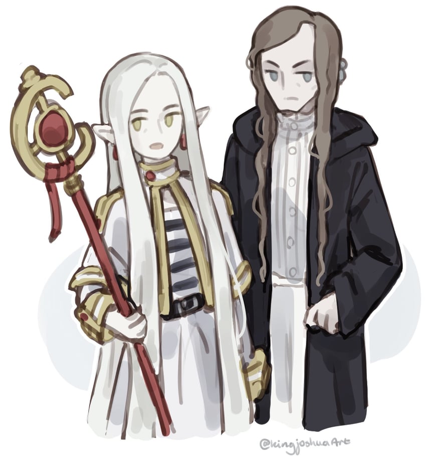 frieren, fern, enki, and nosramus (sousou no frieren and 2 more) drawn by kingjoshua