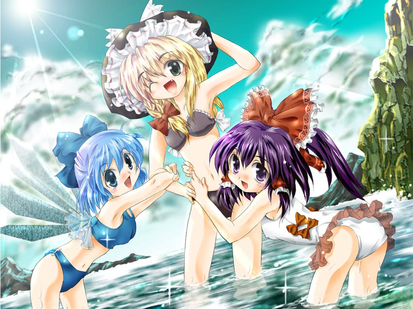 hakurei reimu, kirisame marisa, and cirno (touhou) drawn by sinra