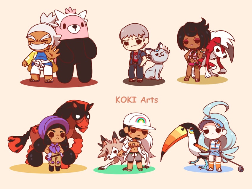 lycanroc, bewear, professor kukui, olivia, kahili, and 6 more (pokemon and 1 more) drawn by koki_arts