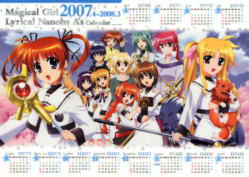 fate testarossa, takamachi nanoha, yagami hayate, raising heart, vita, and 13 more (lyrical nanoha and 2 more) drawn by okuda_yasuhiro
