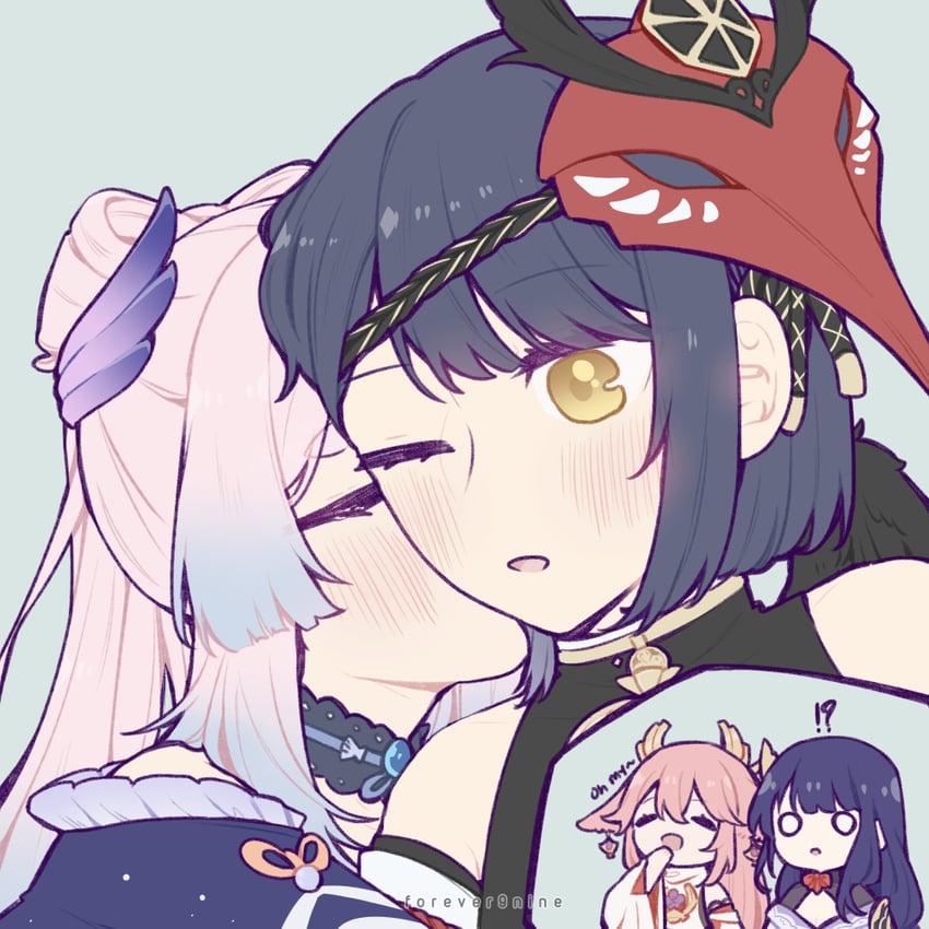 raiden shogun, yae miko, sangonomiya kokomi, and kujou sara (genshin impact) drawn by forever9nine