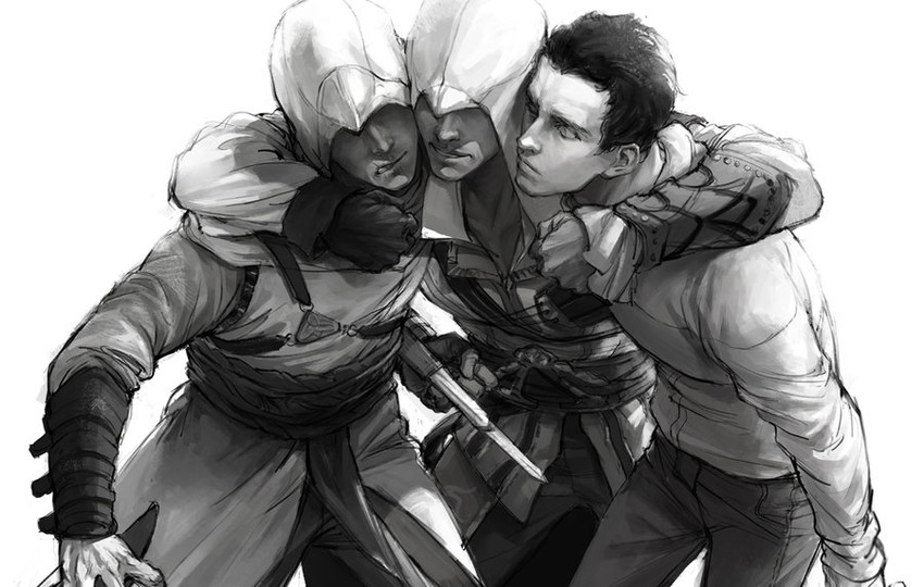 ezio auditore da firenze, altair ibn la-ahad, and desmond miles (assassin's creed ii and 1 more) drawn by luulala